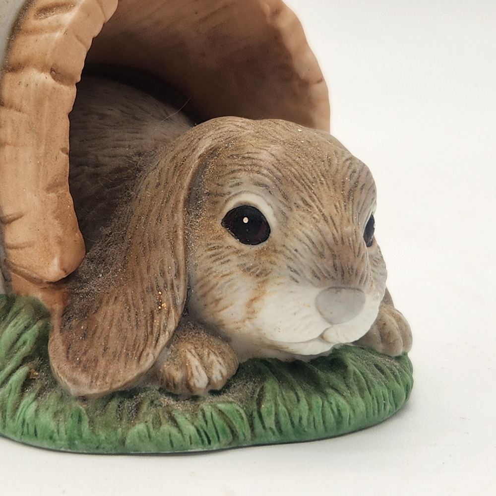 Home Interiors &Gifts Bunny Buddies Figurine Brown Rabbit In Barrel 1999 Vintage